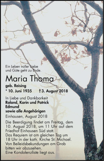 Traueranzeige von Maria Thoma von Bergsträßer Anzeiger