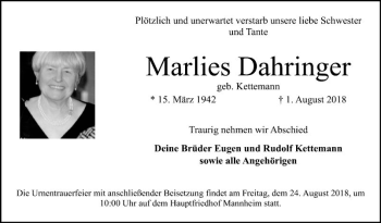 Traueranzeige von Marlies Dahringer von Mannheimer Morgen