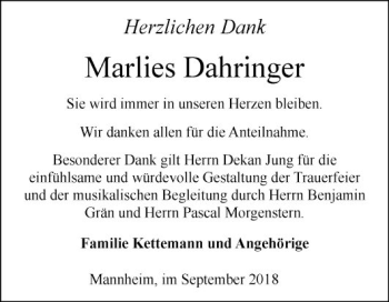 Traueranzeige von Marlies Dahringer von Mannheimer Morgen