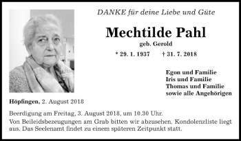 Traueranzeige von Mechtilde Pahl von Fränkische Nachrichten