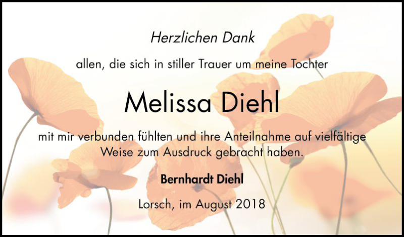  Traueranzeige für Melissa Diehl vom 04.08.2018 aus Bergsträßer Anzeiger