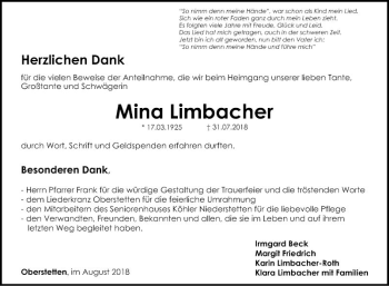 Traueranzeige von Mina Limbacher von Fränkische Nachrichten