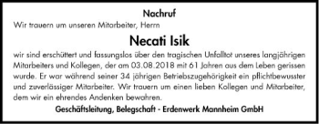 Traueranzeige von Necati Isik von Mannheimer Morgen