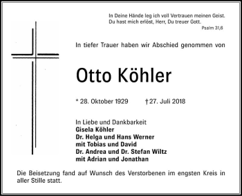 Traueranzeige von Otto Köhler von Schwetzinger Zeitung
