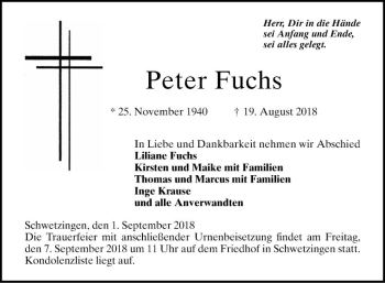 Traueranzeige von Peter Fuchs von Schwetzinger Zeitung