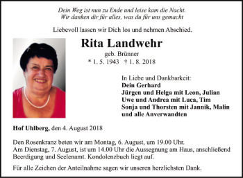 Traueranzeige von Rita Landwehr von Fränkische Nachrichten