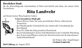 Traueranzeige von Rita Landwehr von Fränkische Nachrichten