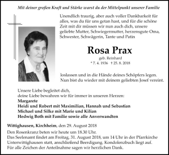 Traueranzeige von Rosa Prax von Fränkische Nachrichten