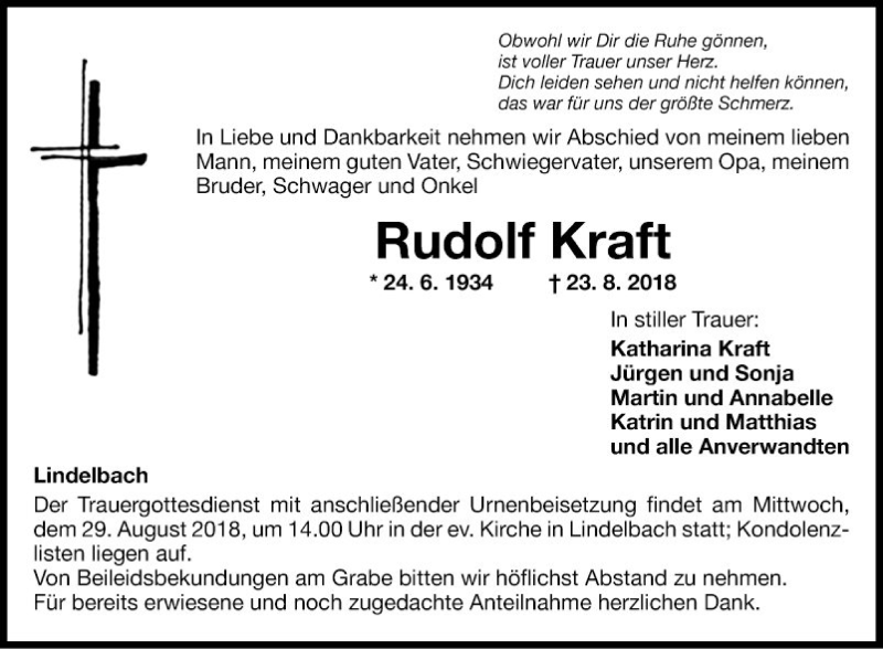  Traueranzeige für Rudolf Kraft vom 25.08.2018 aus Fränkische Nachrichten