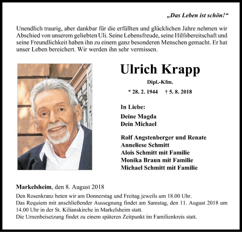  Traueranzeige für Ulrich Krapp vom 08.08.2018 aus Fränkische Nachrichten