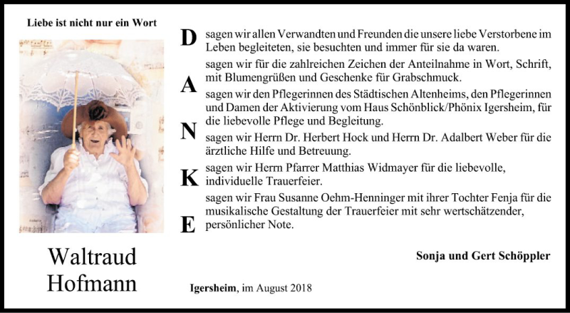  Traueranzeige für Waltraud Hofmann vom 11.08.2018 aus Fränkische Nachrichten