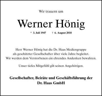 Traueranzeige von Werner Hönig von Mannheimer Morgen