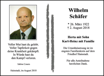 Traueranzeige von Wilhelm Schäfer von Fränkische Nachrichten