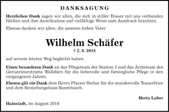 Traueranzeige von Wilhelm Schäfer von Fränkische Nachrichten