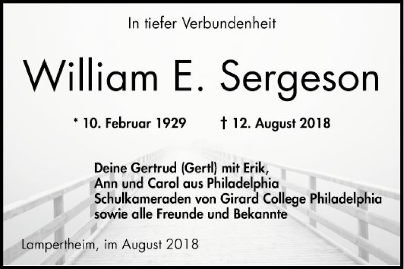  Traueranzeige für William E. Sergeson vom 23.08.2018 aus Südhessen Morgen