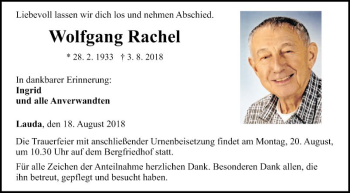 Traueranzeige von Wolfgang Rache von Fränkische Nachrichten