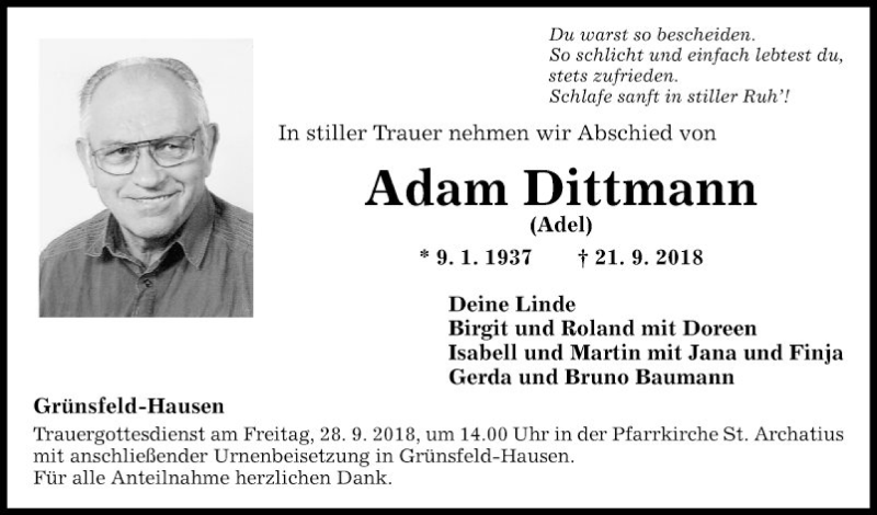  Traueranzeige für Adam Dittmann vom 26.09.2018 aus Fränkische Nachrichten
