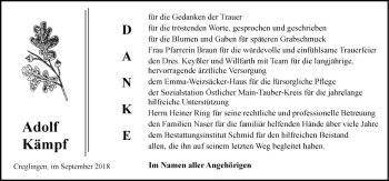 Traueranzeige von Adolf Kämpf von Fränkische Nachrichten