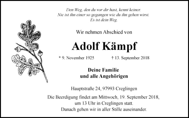  Traueranzeige für Adolf Kämpf vom 17.09.2018 aus Fränkische Nachrichten
