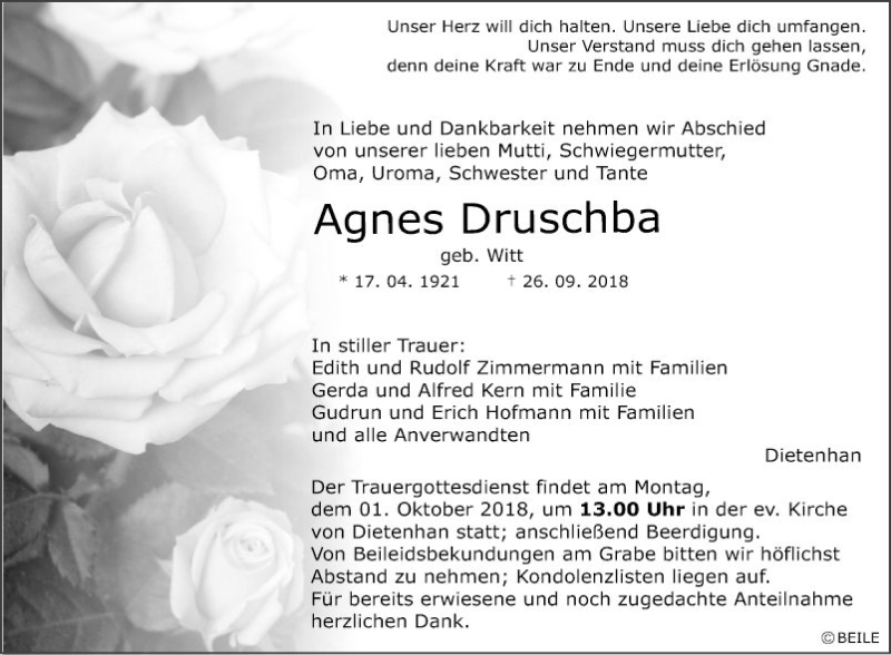  Traueranzeige für Agnes Druschba vom 29.09.2018 aus Fränkische Nachrichten