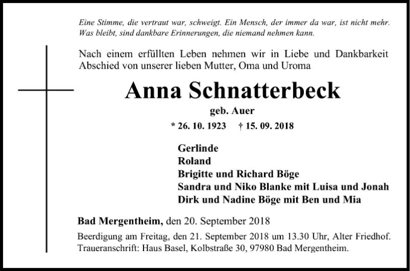  Traueranzeige für Anna Schnatterbeck vom 20.09.2018 aus Fränkische Nachrichten
