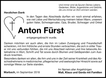 Traueranzeige von Anton Fürst von Fränkische Nachrichten