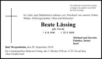 Traueranzeige von Beate Lässing von Fränkische Nachrichten