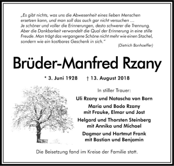 Traueranzeige von Brüder-Manfred Rzany von Südhessen Morgen