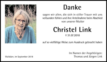 Traueranzeige von Christel Link von Fränkische Nachrichten