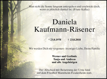 Traueranzeige von Daniela Kaufmann-Räsener von Mannheimer Morgen