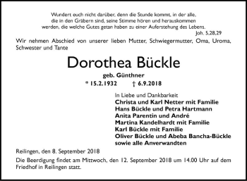 Traueranzeige von Dorothea Bückle von Schwetzinger Zeitung
