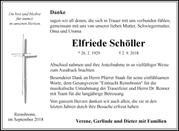 Traueranzeige von Elfriede Schöller von Fränkische Nachrichten