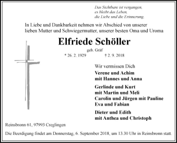 Traueranzeige von Elfriede Schöller von Fränkische Nachrichten