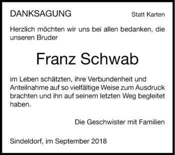 Traueranzeige von Franz Schwab von Fränkische Nachrichten