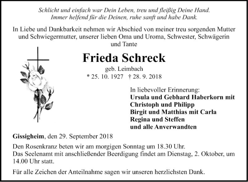  Traueranzeige für Frieda Schreck vom 29.09.2018 aus Fränkische Nachrichten