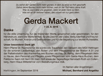 Traueranzeige von Gerda Mackert von Fränkische Nachrichten