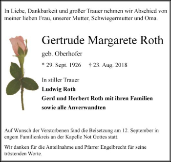 Traueranzeige von Gertrude Margarete Roth von Bergsträßer Anzeiger