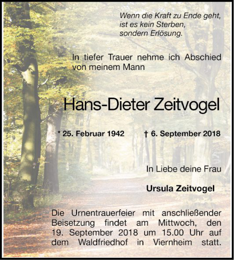 Traueranzeige für Hans-Dieter Zeitvogel vom 15.09.2018 aus Mannheimer Morgen