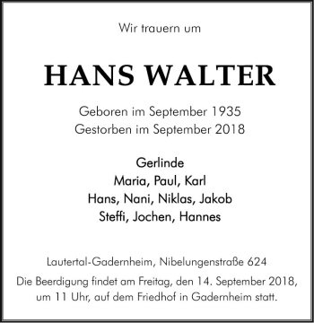 Traueranzeige von Hans Walter von Bergsträßer Anzeiger