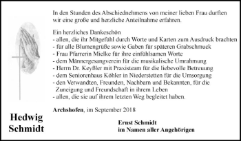 Traueranzeige von Hedwig Schmidt von Fränkische Nachrichten