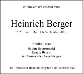 Traueranzeige von Heinrich Berger von Mannheimer Morgen