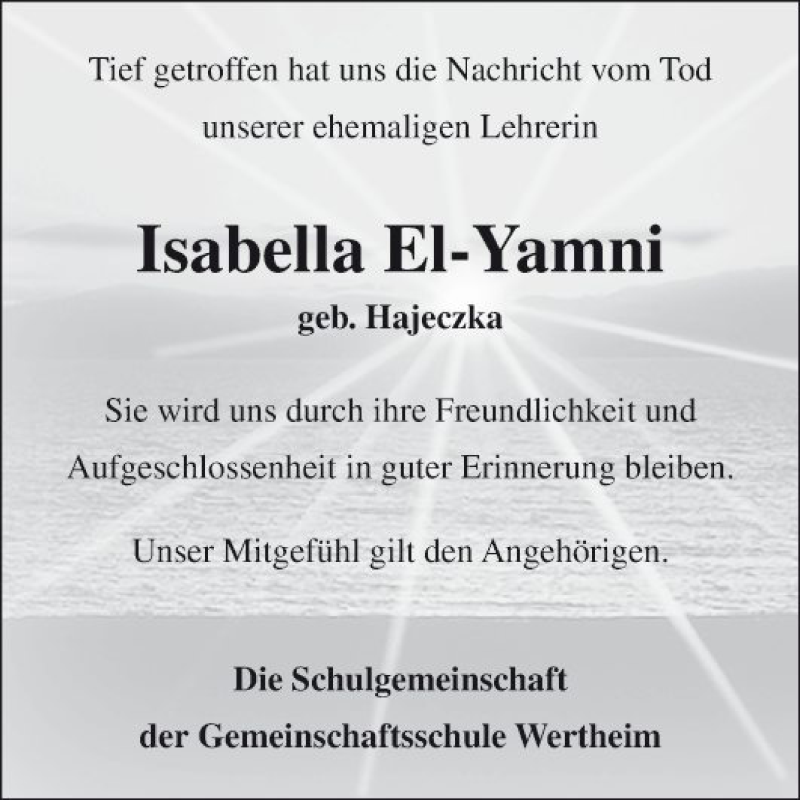  Traueranzeige für Isabella El-Yamni vom 29.09.2018 aus Fränkische Nachrichten