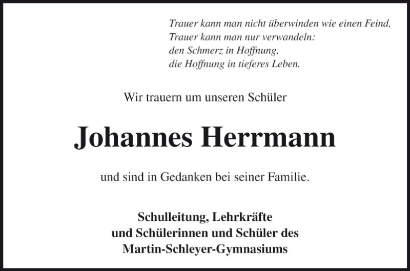  Traueranzeige für Johannes Herrmann vom 07.09.2018 aus Fränkische Nachrichten