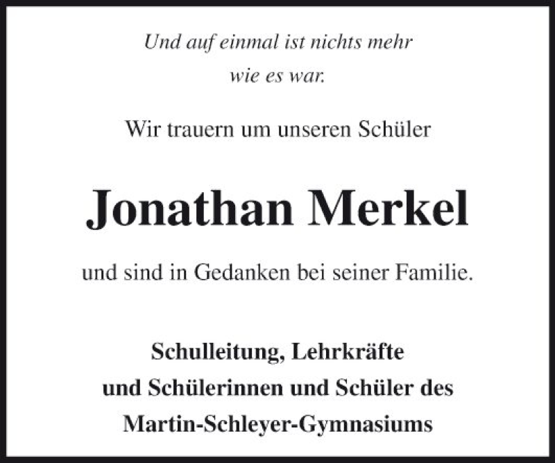  Traueranzeige für Jonathan Merkel vom 26.09.2018 aus Fränkische Nachrichten