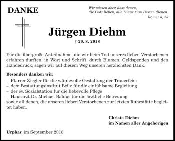 Traueranzeige von Jürgen Diehm von Fränkische Nachrichten