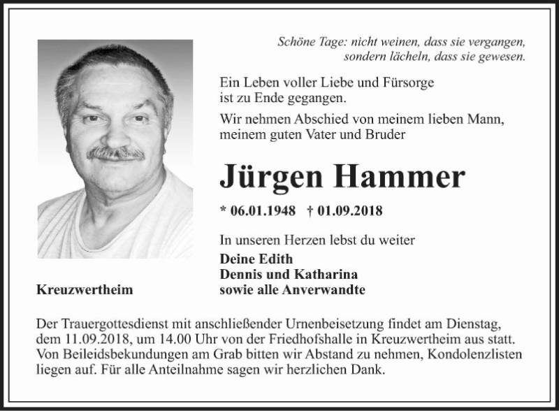  Traueranzeige für Jürgen Hammer vom 06.09.2018 aus Fränkische Nachrichten