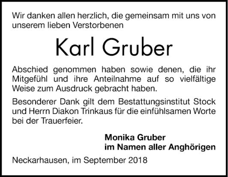  Traueranzeige für Karl Gruber vom 06.09.2018 aus Mannheimer Morgen
