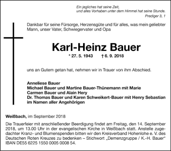 Traueranzeige von Karl-Heinz Bauer von Fränkische Nachrichten