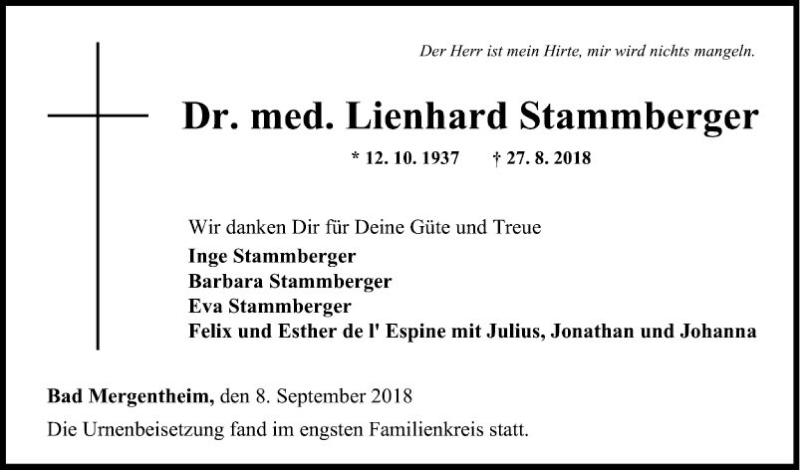  Traueranzeige für Lienhard Stammberger vom 08.09.2018 aus Fränkische Nachrichten