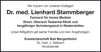 Traueranzeige von Lienhard Stammberger von Fränkische Nachrichten